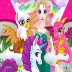 Büyülü bir arka plan önünde, peri benzeri bir figür, bir unicorn, bir ejderha ve kanatlı bir yaratıkla birlikte görülüyor