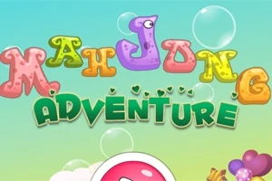 Renkli balonlar ve büyük harflerle Mahjong Adventure yazısı, pastel tonlarda bir arka planda yer alıyor