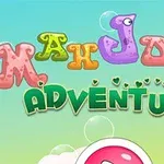 Renkli balonlar ve büyük harflerle Mahjong Adventure yazısı, pastel tonlarda bir arka planda yer alıyor