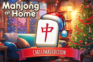 Bir oturma odasında, üzerinde Noel şapkası olan bir Mahjong taşı, süslenmiş Noel ağacı ve Christmas Edition yazılı bir pankart