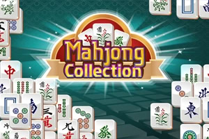 Yeşil ışınlı arka planda altın çerçeveli Mahjong Collection yazısı ve etrafında dizilmiş mahjong taşları