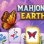 Mor bir arka plan önünde MAHJONG EARTH yazısı, kelebek desenli taşlar ve bir turuncu kelebek