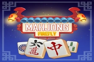 Mavi bir arka planda kırmızı çerçeveli Mahjong Firefly yazısı ve alt kısmında üç Mahjong taşı, kırmızı süslemelerle birlikte yer alıyor
