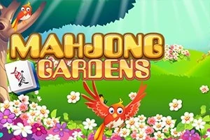 Renkli çiçeklerle dolu bir bahçede, sarı ve kırmızı tonlarda bir kuş ve Mahjong Gardens yazısı