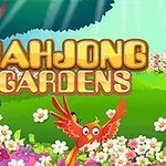 Renkli çiçeklerle dolu bir bahçede, sarı ve kırmızı tonlarda bir kuş ve Mahjong Gardens yazısı