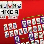 Kırmızı arka plan üzerinde karışık düzenlenmiş Mahjong taşları ve Mahjong Linker Kyodai Game yazısı