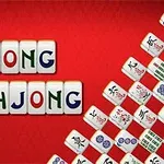 Kırmızı arka plana karşı MAHJONG harfleri ve çeşitli desenli taşlar