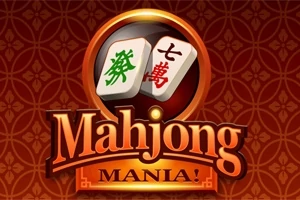 Kırmızı desenli bir arka plan üzerinde, üzerinde yeşil ve kırmızı Çince karakterler bulunan iki Mahjong taşı ve Mahjong Mania!