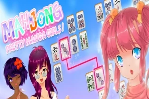 Pembe saçlı anime kızı, yanında mahjong taşları ve MAHJONG PRETTY MANGA GIRLS yazısı ile renkli bir arka plan