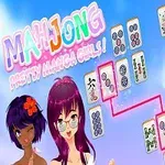 Pembe saçlı anime kızı, yanında mahjong taşları ve MAHJONG PRETTY MANGA GIRLS yazısı ile renkli bir arka plan