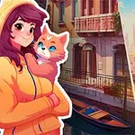 Sarı kapşonlu bir kız ve kedi, arka planda balkonlu bir bina ile sokak ve mahjong taşları