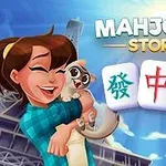 Mutlu bir kadın kedi tutuyor ve arka planda gökyüzü ile Mahjong taşları görseli bulunuyor