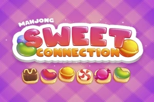 Mor kareli bir arka plan üzerinde, büyük ve renkli harflerle Sweet Connection yazısı, altında ise çeşitli renkli şeker ikonları