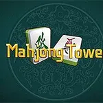 Yeşil arka plan üzerinde iki dik duran taş ve ortalarında sarı renkli Mahjong Tower yazısı
