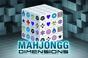 Küplerden oluşan bir küp yapısı, üzerinde çeşitli simgeler bulunan ve mavi-turuncu renkte MAHJONGG DIMENSIONS yazısı olan bir görüntü