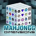 Küplerden oluşan bir küp yapısı, üzerinde çeşitli simgeler bulunan ve mavi-turuncu renkte MAHJONGG DIMENSIONS yazısı olan bir görüntü