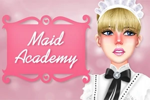 Sarı saçlı, pembe yanaklı genç bir kadın hizmetçi şapkalı ve siyah kravatlı poz veriyor, yanında Maid Academy yazısı bulunan pembe bir tabela bulunuyor