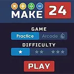 Matematik işlemleri ve 24 rakamı içeren, oyun modları ve zorluk seçenekleri sunan, PLAY düğmesine sahip bir arayüz ekranı