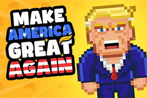 Sarı arka planda, piksel stili bir karakter ve büyük harflerle Make America Great Again yazısı