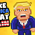 Sarı arka planda, piksel stili bir karakter ve büyük harflerle Make America Great Again yazısı