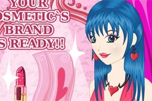 Mavi saçlı, kalp şekilli küpe ve kolye takan bir anime karakteri, yanındaki pembe ruj ve dekoratif öğelerle birlikte
