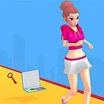 Pembe bluz ve beyaz etek giyen kız, sarı bir yolda yürürken yanında bir anahtar, ruj ve dizüstü bilgisayar bulunuyor
