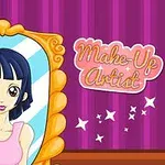 Mor arka plan önünde aynaya bakan siyah saçlı bir karakter ve Make-Up Artist yazısı