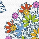 Renkli çiçek desenleri ve mavi yaprak çizimleri bulunan grafik illüstrasyon