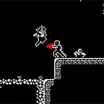 Siyah arka planda, beyaz ve kırmızı piksel sanat stiliyle yapılmış platform üzerinde zıplayan karakterler ve bir canavar bulunuyor