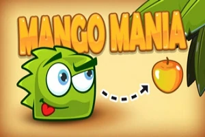 Yeşil, kalpli bir karakter, mango sembolüne doğru bakıyor; üstte MANGO MANIA yazısı bulunuyor