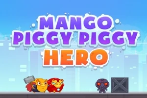 Renkli arka plan önünde Mango Piggy Piggy Hero yazısı ve alt tarafta iki sevimli karakter ile bir robot figürü