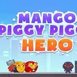 Renkli arka plan önünde Mango Piggy Piggy Hero yazısı ve alt tarafta iki sevimli karakter ile bir robot figürü