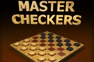 Master Checkers yazısının üstünde olduğu bir dama tahtası ve üzerinde dizilmiş taşlar