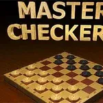 Master Checkers yazısının üstünde olduğu bir dama tahtası ve üzerinde dizilmiş taşlar