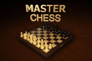 Ahşap bir satranç tahtası üzerinde dizilmiş siyah ve beyaz satranç taşları; üstte MASTER CHESS yazısı