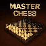 Ahşap bir satranç tahtası üzerinde dizilmiş siyah ve beyaz satranç taşları; üstte MASTER CHESS yazısı