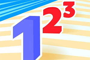 Mavi, kırmızı ve beyaz renkte büyük 1, 2 ve 3 rakamları, ışınsal sarı ve mavi çizgili arka plan üzerinde