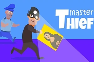 Maskeli bir hırsız elinde Mona Lisa tablosunu taşırken mavi üniformalı bir polis tarafından kovalanıyor