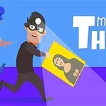Maskeli bir hırsız elinde Mona Lisa tablosunu taşırken mavi üniformalı bir polis tarafından kovalanıyor