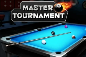 Bilardo masasında toplar ve ıstaka yanı sıra üzerinde yazan Master Tournament metni