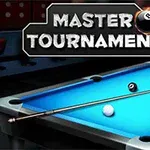 Bilardo masasında toplar ve ıstaka yanı sıra üzerinde yazan Master Tournament metni
