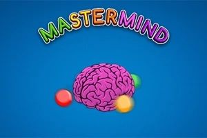 Renkli harflerle MASTERMIND yazısının altında, mavi arka planda pembe bir beyin ve etrafında dört renkli top