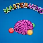 Renkli harflerle MASTERMIND yazısının altında, mavi arka planda pembe bir beyin ve etrafında dört renkli top