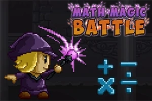 Mor pelerinli ve şapkalı bir karakter, sihirli bir asasından çıkan mor enerji ile birlikte, arka planda matematiksel sembollerle ve Math Magic Battle yazısıyla tasvir edilmiş