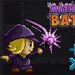 Mor pelerinli ve şapkalı bir karakter, sihirli bir asasından çıkan mor enerji ile birlikte, arka planda matematiksel sembollerle ve Math Magic Battle yazısıyla tasvir edilmiş