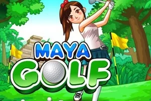 Ormanda golf oynayan genç bir kız ve ön planda büyük bir golf topu ile logo