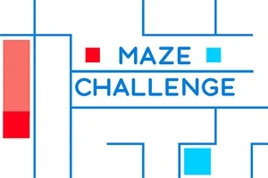 Mavi çizgilerle oluşturulmuş bir labirent görseli üzerinde Maze Challenge metni, kırmızı ve mavi karelerle birlikte