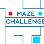 Mavi çizgilerle oluşturulmuş bir labirent görseli üzerinde Maze Challenge metni, kırmızı ve mavi karelerle birlikte