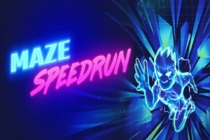 Neon ışıklı Maze Speedrun yazısı ve koşan çizgi karakter
