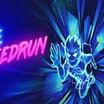 Neon ışıklı Maze Speedrun yazısı ve koşan çizgi karakter